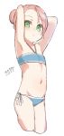 1girl armpits arms_up bandeau bangs bare_arms bare_shoulders bikini blue_bikini blush brown_hair cropped_legs dated eyebrows_visible_through_hair green_eyes hair_bun halter_top halterneck looking_at_viewer maze_(gochama_ze_gohan) navel original parted_lips side-tie_bikini signature simple_background sketch solo swimsuit white_background 
