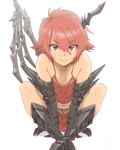 1girl armor breasts demon_girl gauntlets greaves highres looking_at_viewer mechanical_pencil original pencil plus_step red_eyes redhead small_breasts smile 