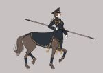  1girl blue_jacket braid brown_hair centaur closed_mouth from_side genso gloves grey_background hat holding jacket long_hair long_sleeves military military_uniform monster_girl original peaked_cap simple_background solo staff uniform walking white_gloves 