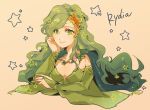  1girl breasts bridal_gauntlets cape character_name cleavage closed_mouth eyebrows_visible_through_hair final_fantasy final_fantasy_iv final_fantasy_iv_the_after fingernails green_cape green_eyes green_hair hair_ornament long_hair looking_at_viewer machida_(tutuuraura_12) medium_breasts rydia smile solo star star_hair_ornament star_print very_long_hair 