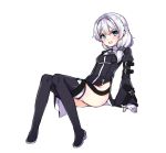  1girl arm_belt benghuai_xueyuan black_dress black_footwear blue_eyes blush dress eyebrows_visible_through_hair full_body gloves honkai_impact juliet_sleeves kuro_(kuronell) leaning_back long_hair long_sleeves looking_at_viewer open_mouth puffy_sleeves side_slit silver_hair simple_background sitting solo theresa_apocalypse thigh-highs white_background white_gloves wide_sleeves 
