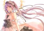  1girl absurdly_long_hair armlet bangs bare_arms bare_shoulders black_ribbon breasts choker dress euryale eyebrows_visible_through_hair fate_(series) flower frilled_dress frilled_headband frills hair_flower hair_ornament hair_ribbon hairband halo headband jewelry lolita_fashion lolita_hairband long_dress long_hair looking_at_viewer purple_hair ribbon shiny shiny_hair sleeveless sleeveless_dress small_breasts solo twintails type-moon vebonbon very_long_hair violet_eyes white_background white_dress 