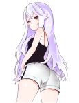  13o 1girl ass azuma_lim azuma_lim_channel bangs bare_arms bare_shoulders black_camisole blush brown_eyes camisole closed_mouth commentary_request cowboy_shot eyebrows_behind_hair from_behind highres long_hair looking_at_viewer looking_back purple_hair short_shorts shorts simple_background solo very_long_hair virtual_youtuber white_background white_shorts 