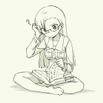  1girl ? bare_legs barefoot book breast_pocket collared_jacket english girls_und_panzer glasses grey_background greyscale holding holding_book indian_style jacket long_hair monochrome nishi_kinuyo pas_(paxiti) pocket reading scratching_head semi-rimless_eyewear simple_background sitting solo turning_page under-rim_eyewear 