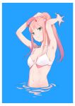  1girl absurdres armpits arms_up blue_background breasts cleavage collarbone darling_in_the_franxx eyebrows_visible_through_hair green_eyes high_ponytail highres horns long_hair navel pink_hair shiny shiny_hair shiny_skin sideboob small_breasts solo tying_hair umumu upper_body very_long_hair white_bikini_top zero_two_(darling_in_the_franxx) 