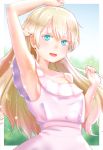  1girl :d arm_up armpits asobi_asobase blonde_hair blue_eyes blue_sky blurry blurry_background braid day dress hamsta hand_up long_hair olivia_(asobi_asobase) open_mouth outdoors sky smile solo standing upper_body very_long_hair white_dress 