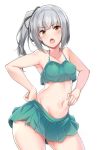 1girl armpits bangs bikini bikini_skirt black_ribbon blush breasts chestnut_mouth collarbone commentary_request cowboy_shot eyebrows_visible_through_hair frilled_bikini frills hair_between_eyes hand_on_hip hands_on_hips kantai_collection kasumi_(kantai_collection) long_hair looking_at_viewer navel open_mouth ribbon see-through side_ponytail silver_hair simple_background small_breasts solo standing sweatdrop swimsuit thighs white_background yellow_eyes zenri_tsusen 
