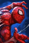  1boy \m/ blue_background hankuri male_focus marvel mask profile silk spandex spider-man spider-man_(series) spider_web superhero 