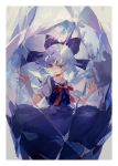  1girl absurdres blue_eyes blue_hair bow cirno hair_bow hands_up highres ice isshin_(kaxz) neck_ribbon outstretched_arms ribbon sad short_hair solo tearing_up touhou 