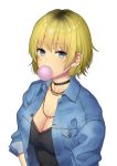  1girl blonde_hair breasts bubble_blowing chewing_gum choker cleavage daidai_jamu earrings eyebrows_visible_through_hair grey_eyes highres jacket jewelry large_breasts looking_at_viewer necklace original short_hair solo stud_earrings upper_body 