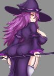  1girl ass breasts commentary curvy dark_mage_(monster_girl_encyclopedia) from_behind garter_straps grey_background hair_between_eyes hat highres huge_ass huge_breasts long_hair long_sleeves looking_at_viewer looking_back monster_girl_encyclopedia nav purple_hair simple_background skindentation smile solo staff thigh-highs white_legwear wide_sleeves witch_hat yellow_eyes 