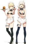  2girls absurdres ahoge apron artoria_pendragon_(all) artoria_pendragon_(swimsuit_rider_alter) bangs bikini black_bikini blonde_hair braid breasts cleavage eyebrows_visible_through_hair fate/grand_order fate_(series) food french_braid frilled_apron frilled_bikini_top frills full_body hamburger high_heels highres incredibly_absurdres jeanne_d&#039;arc_(alter)_(fate) jeanne_d&#039;arc_(fate)_(all) large_breasts leg_garter looking_at_viewer maid_bikini maid_headdress medium_breasts middle_finger multiple_girls navel open_mouth orange_maru pale_skin scan short_hair silver_hair simple_background standing swimsuit thigh-highs thigh_strap tray unamused waist_apron white_background yang-do yellow_eyes 