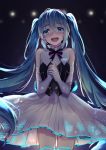  1girl :d black_hairband black_ribbon blue_eyes blue_hair blush cowboy_shot crying crying_with_eyes_open dress elbow_gloves eyebrows_visible_through_hair floating_hair gloves hair_between_eyes hairband hatsune_miku head_tilt long_hair looking_at_viewer miku_symphony_(vocaloid) momoko_(momoko14) neck_ribbon open_mouth pleated_dress ribbon short_dress sleeveless sleeveless_dress smile solo standing tears thigh-highs twintails very_long_hair vocaloid white_dress white_gloves white_legwear 