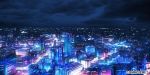  absurdres city city_lights cityscape clouds cloudy_sky copyright_name dark dmm highres night no_humans original rapt_(47256) road scenery sky street tree 