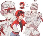  1boy 1girl ae-3803 black_eyes blood bloody_clothes cabbie_hat collared_shirt gloves hair_over_one_eye hat hataraku_saibou jacket mery_(apfl0515) package red_blood_cell_(hataraku_saibou) red_jacket shirt shorts simple_background u-1146 uniform white_background white_blood_cell_(hataraku_saibou) white_gloves white_hair white_hat white_skin 