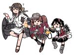  black_gloves black_skirt brown_hair double-breasted elbow_gloves fairy_(kantai_collection) fingerless_gloves gloves hair_ornament haruna_(kantai_collection) hood hoodie japanese_clothes kantai_collection kariginu magatama multiple_girls neckerchief remodel_(kantai_collection) ryuujou_(kantai_collection) scarf school_uniform sendai_(kantai_collection) serafuku shikigami single_thighhigh skirt terrajin thigh-highs translated twintails two_side_up visor_cap white_scarf 