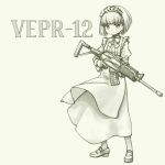  1girl apron assault_rifle bow bowtie closed_mouth dress eyebrows_visible_through_hair frills grey_background greyscale gun highres holding holding_gun holding_weapon juliet_sleeves loafers long_dress long_sleeves maid maid_apron maid_headdress monochrome original pas_(paxiti) puffy_sleeves rifle shoes short_hair simple_background solo vepr-12 weapon 