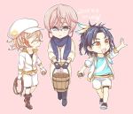  2018 3boys :d artist_name black_gloves blonde_hair blue_eyes blue_hair boots braid bucket closed_eyes dated feathers glasses gloves hair_feathers hat jacket kikkou_sadamune male_focus moegi_(honey_122) monoyoshi_sadamune multiple_boys open_mouth pink_background rope scarf shorts smile taikogane_sadamune touken_ranbu track_jacket walking white_gloves yellow_eyes 