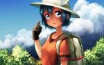  1girl backpack bag black_gloves blue_eyes blue_hair blue_sky bow bush clouds collarbone commentary_request day gloves hair_bow hand_up hat hat_feather kaban_(kemono_friends) kemono_friends looking_at_viewer outdoors parted_lips pointing pointing_at_self pointing_up red_shirt shirt short_hair short_sleeves sky solo upper_body welt_(kinsei_koutenkyoku) white_hat 