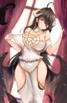  1girl ahoge albedo bangs bare_shoulders black_feathers black_hair black_wings breasts cleavage covered_navel covered_nipples curtains demon_girl demon_horns demon_wings detached_collar dress eyebrows_visible_through_hair feathered_wings feathers gloves hair_between_eyes head_tilt highres hip_vent hips horns large_breasts long_hair looking_at_viewer low_wings no_bra overlord_(maruyama) rhineheim see-through slit_pupils smile solo very_long_hair white_dress white_gloves wings yellow_eyes 