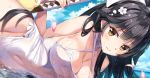  1girl azur_lane black_hair blue_hair bokken bow breasts brown_eyes casual_one-piece_swimsuit cowboy_shot criss-cross_halter hair_bow hair_flaps halterneck large_breasts long_hair lying on_side one-piece_swimsuit oryou partially_submerged ponytail ribbon solo swimsuit sword takao_(azur_lane) water weapon white_bow white_ribbon white_swimsuit wooden_sword 