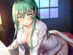  1girl all_fours ass bangs blush breasts cleavage collarbone collared_shirt commentary desk_lamp eyebrows_visible_through_hair eyes_visible_through_hair green_eyes green_hair groin hair_ornament hairclip half-closed_eyes indoors kantai_collection lamp large_breasts long_hair looking_at_viewer naked_shirt night on_bed open_clothes open_mouth open_shirt pallad shirt sidelocks solo suzuya_(kantai_collection) under_covers white_shirt window 