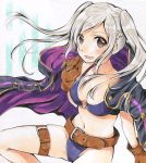  1girl belt bikini braid breasts brown_eyes cleavage cloak female_my_unit_(fire_emblem:_kakusei) fire_emblem fire_emblem:_kakusei fire_emblem_heroes gloves jewelry leather leather_gloves long_hair looking_at_viewer medium_breasts midriff my_unit_(fire_emblem:_kakusei) navel necklace nintendo o-ring o-ring_bikini o-ring_top open_mouth parune_chigetsu purple_bikini silver_hair solo swimsuit thigh_strap twintails 