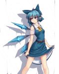  &gt;:( 1girl adapted_costume ascot bangs bare_shoulders belt blue_bow blue_dress blue_eyes blue_hair bow breasts cirno collarbone commentary dress english_commentary eyebrows_visible_through_hair feet_out_of_frame hair_bow hater_(hatater) highres ice ice_wings looking_to_the_side medium_breasts pinafore_dress pointy_ears shadow shirt short_hair short_sleeves shoulder_cutout skirt_hold solo standing thighs touhou v-shaped_eyebrows wet white_shirt wings yellow_neckwear 