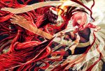  1boy 1girl battle blood breasts carnage_(marvel) claws elfen_lied fahad-naeem fighting horns lucy marvel mask open_mouth pink_eyes pink_hair red_eyes sharp_teeth short_hair spider-man_(series) symbiote teeth tentacle vectors 