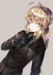  1girl absurdres adjusting_clothes adjusting_necktie ahoge artoria_pendragon_(all) bangs black_gloves black_jacket black_neckwear blonde_hair blush brown_background closed_mouth collared_shirt commentary_request dutch_angle eyebrows_visible_through_hair fate/stay_night fate/zero fate_(series) formal gloves green_eyes grey_shirt hair_between_eyes highres jacket long_hair long_sleeves looking_at_viewer necktie saber shiny shiny_hair shirt sidelocks signature simple_background solo sparkle suit utayoi_(umakatare) 
