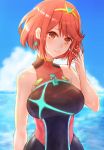  1girl bangs black_swimsuit breasts earrings fingerless_gloves gloves headpiece highres pyra_(xenoblade) jewelry large_breasts looking_at_viewer nintendo one-piece_swimsuit red_eyes redhead saito_(pigrank) short_hair sidelocks simple_background solo swept_bangs swimsuit tiara xenoblade_(series) xenoblade_2 