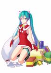  1girl black_footwear blue_eyes blue_hair boots box capelet dress full_body fur_trim gift gift_bag gift_box gloves hair_between_eyes hair_ornament hatsune_miku highres knee_boots kneeling long_hair panties pantyshot pantyshot_(kneeling) red_capelet red_dress red_gloves santa_costume shiny shiny_hair short_dress simple_background sleeveless sleeveless_dress smile solo star striped striped_panties thigh_strap twintails underwear very_long_hair vocaloid white_background white_panties zuiai_gongzhu_dianxia 