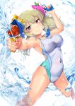  1girl 8000 blonde_hair competition_swimsuit dolphin dual_wielding feet_out_of_frame holding kafuru_(senran_kagura) looking_at_viewer low_twintails one-piece_swimsuit senran_kagura senran_kagura_estival_versus solo swimsuit twintails violet_eyes water water_gun white_background white_swimsuit 