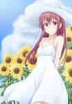  1girl alternate_costume arms_behind_back brown_hair dress eyebrows_visible_through_hair flower hat highres kantai_collection kisaragi_(kantai_collection) long_hair looking_at_viewer minakami_mimimi smile solo summer sunflower violet_eyes white_dress white_hat 