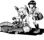  2girls absurdres bangs blunt_bangs bottle closed_eyes commentary_request dress engine fubuki_(kantai_collection) greyscale hair_ribbon headgear highres indian_style kantai_collection long_hair low_ponytail monochrome multiple_girls murakumo_(kantai_collection) neckerchief necktie open_mouth pantyhose pleated_skirt ponytail ribbon sailor_collar sailor_dress school_uniform serafuku short_eyebrows short_ponytail sidelocks sitting skirt smile tress_ribbon yoshika_fuumi 