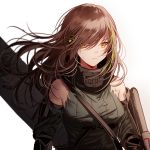  1girl arm_guards armband assault_rifle bangs breasts brown_eyes brown_hair closed_mouth damaged detached_sleeves expressionless floating_hair gas_mask girls_frontline gloves green_hair gun hair_between_eyes headphones large_breasts long_hair looking_at_viewer m4_carbine m4a1_(girls_frontline) mod3_(girls_frontline) multicolored_hair ribbed_sweater rifle sidelocks silence_girl simple_background skull_print strap streaked_hair sweater sweater_vest torn_clothes underbust upper_body weapon weapon_case white_background wind 