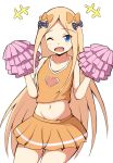  +++ 1girl ;d abigail_williams_(fate/grand_order) absurdres bangs bare_arms bare_shoulders black_bow blonde_hair blue_eyes blush bow breasts cheerleader collarbone commentary_request crop_top eyebrows_visible_through_hair fate/grand_order fate_(series) forehead hair_bow highres holding long_hair midriff mitchi navel one_eye_closed open_mouth orange_bow orange_skirt orange_tank_top parted_bangs pleated_skirt polka_dot polka_dot_bow pom_poms simple_background skirt small_breasts smile solo tank_top very_long_hair white_background 