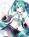  1girl ;d black_legwear black_skirt crop_top detached_sleeves eyebrows_visible_through_hair floating_hair frills green_eyes green_hair green_neckwear grin hair_between_eyes hatsune_miku highres long_hair looking_at_viewer midriff miniskirt navel necktie one_eye_closed open_mouth pleated_skirt shiny shiny_hair skirt smile solo standing stomach takashina_taaa thigh-highs twintails very_long_hair vocaloid white_background zettai_ryouiki 