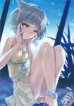  1girl animal_ears bangs blunt_bangs blush cat_ears dress dress_swimsuit embarrassed hinot looking_at_viewer nintendo niyah short_hair silver_hair simple_background smile solo swimsuit xenoblade_(series) xenoblade_2 yellow_eyes 