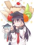  +_+ 2girls akatsuki_(kantai_collection) anchor_symbol az_toride black_hair black_sailor_collar black_skirt blue_eyes cherry commentary_request eating flat_cap food fruit hand_on_own_face hat hibiki_(kantai_collection) holding holding_spoon kantai_collection long_hair looking_at_viewer mouth_hold multiple_girls neckerchief pleated_skirt pudding red_neckwear sailor_collar school_uniform serafuku silver_hair simple_background skirt sparkle spoon upper_body violet_eyes white_background 