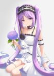  1girl absurdly_long_hair arm_strap bangs bare_arms bare_shoulders black_ribbon bracelet breasts choker collarbone dress euryale eyebrows_visible_through_hair fate/grand_order fate_(series) flower frilled_choker frilled_dress frilled_hairband frills hair_ribbon hairband highres holding holding_flower jewelry kurokku lolita_fashion lolita_hairband long_hair looking_at_viewer open_mouth purple_flower purple_hair ribbon seiza shiny shiny_hair short_dress simple_background single_strap sitting sleeveless sleeveless_dress small_breasts solo thighs twintails very_long_hair violet_eyes white_dress 
