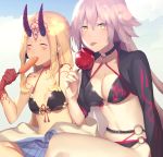  2girls belt bikini black_bikini blonde_hair breasts candy_apple cleavage closed_eyes clouds collarbone day earrings eyebrows_visible_through_hair facial_mark fate/grand_order fate_(series) food front-tie_bikini front-tie_top hair_between_eyes holding holding_food horns ibaraki_douji_(fate/grand_order) jeanne_d&#039;arc_(alter_swimsuit_berserker) jeanne_d&#039;arc_(fate)_(all) jewelry long_hair medium_breasts multiple_girls navel o-ring o-ring_bikini pointy_ears print_bikini_top sausage silver_hair sitting small_breasts sunlight swimsuit takana_(kurubushisan) tattoo tongue tongue_out very_long_hair yellow_eyes 