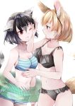  2girls ;d animal_ears arm_at_side asymmetrical_docking bare_arms bare_shoulders bikini bikini_shorts black_bikini black_hair black_swimsuit blonde_hair breast_press breasts brown_eyes common_raccoon_(kemono_friends) extra_ears eyebrows_visible_through_hair eyes_visible_through_hair face-to-face fang fennec_(kemono_friends) fingernails fox_ears fox_tail frilled_bikini frills grey_hair hair_between_eyes halter_top halterneck hand_on_another&#039;s_cheek hand_on_another&#039;s_face hands_up innertube kemono_friends looking_at_another medium_breasts multicolored_hair multiple_girls nanana_(nanana_iz) navel one_eye_closed open_mouth raccoon_ears raccoon_tail short_hair shorts simple_background smile standing stomach striped striped_bikini striped_swimsuit striped_tail swimsuit tail upper_body white_background 