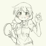  1girl :d blush braid collared_shirt eyebrows_visible_through_hair grey_background greyscale holding monochrome open_mouth paddle pas_(paxiti) sasorida_sachiko shakunetsu_no_takkyuu_musume shirt short_sleeves simple_background sketch smile solo spot_color table_tennis table_tennis_paddle upper_body wing_collar 
