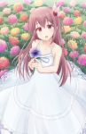  1girl :d alternate_costume bare_shoulders brown_hair dress eyebrows_visible_through_hair flower from_above garden hair_ornament highres holding holding_flower kantai_collection kisaragi_(kantai_collection) long_hair looking_at_viewer minakami_mimimi open_mouth sleeveless sleeveless_dress smile solo violet_eyes white_dress 
