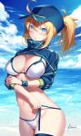  1girl ahoge artist_name artoria_pendragon_(all) baseball_cap bikini blonde_hair blue_eyes blush breasts chestnut_mouth cleavage clouds commentary_request fate/grand_order fate_(series) hat holding_bikini_bottom jacket kousaki_rui looking_at_viewer medium_breasts mysterious_heroine_xx_(foreigner) open_mouth ponytail sky solo swimsuit thighlet water wet white_bikini 