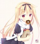  1girl bag black_ribbon black_serafuku blonde_hair commentary_request doughnut enemy_lifebuoy_(kantai_collection) food gradient_hair grey_background hair_flaps hair_ornament hair_ribbon hairclip kantai_collection kurasawa_kyoushou long_hair looking_at_viewer mouth_hold multicolored_hair neckerchief paper_bag polka_dot polka_dot_background red_eyes red_neckwear remodel_(kantai_collection) ribbon sailor_collar scarf school_uniform serafuku solo upper_body white_sailor_collar white_scarf yuudachi_(kantai_collection) 