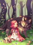  1girl :d animal basket big_bad_wolf_(grimm) blonde_hair bottle capelet cloak commentary dress flower forest full_body grass hood hood_up hooded_cloak ivy little_red_riding_hood little_red_riding_hood_(grimm) long_sleeves mushroom nature open_mouth original pink_eyes pood1e rabbit sitting smile tree wolf yellow_eyes 