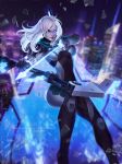  1girl arrow ashe_(league_of_legends) bodysuit boobplate bow_(weapon) breastplate breasts building drawing_bow heterochromia highres large large_breasts league_of_legends mecha_musume project:_ashe rain skyscraper tagme weapon white_hair zarory 
