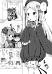  +++ 3girls :d abigail_williams_(fate/grand_order) aikawa_ryou bangs bloomers blush bow cloak comic commentary_request dress eyebrows_visible_through_hair fate/grand_order fate_(series) flying_sweatdrops forehead glasses greyscale hair_between_eyes hair_bow hair_ornament hat highres hood hood_up hooded_cloak indoors japanese_clothes katsushika_hokusai_(fate/grand_order) kimono long_sleeves monochrome multiple_girls opaque_glasses open_mouth osakabe-hime_(fate/grand_order) parted_bangs pleated_skirt polka_dot polka_dot_bow shirt skirt sleeves_past_fingers sleeves_past_wrists smile sparkle standing translation_request underwear 